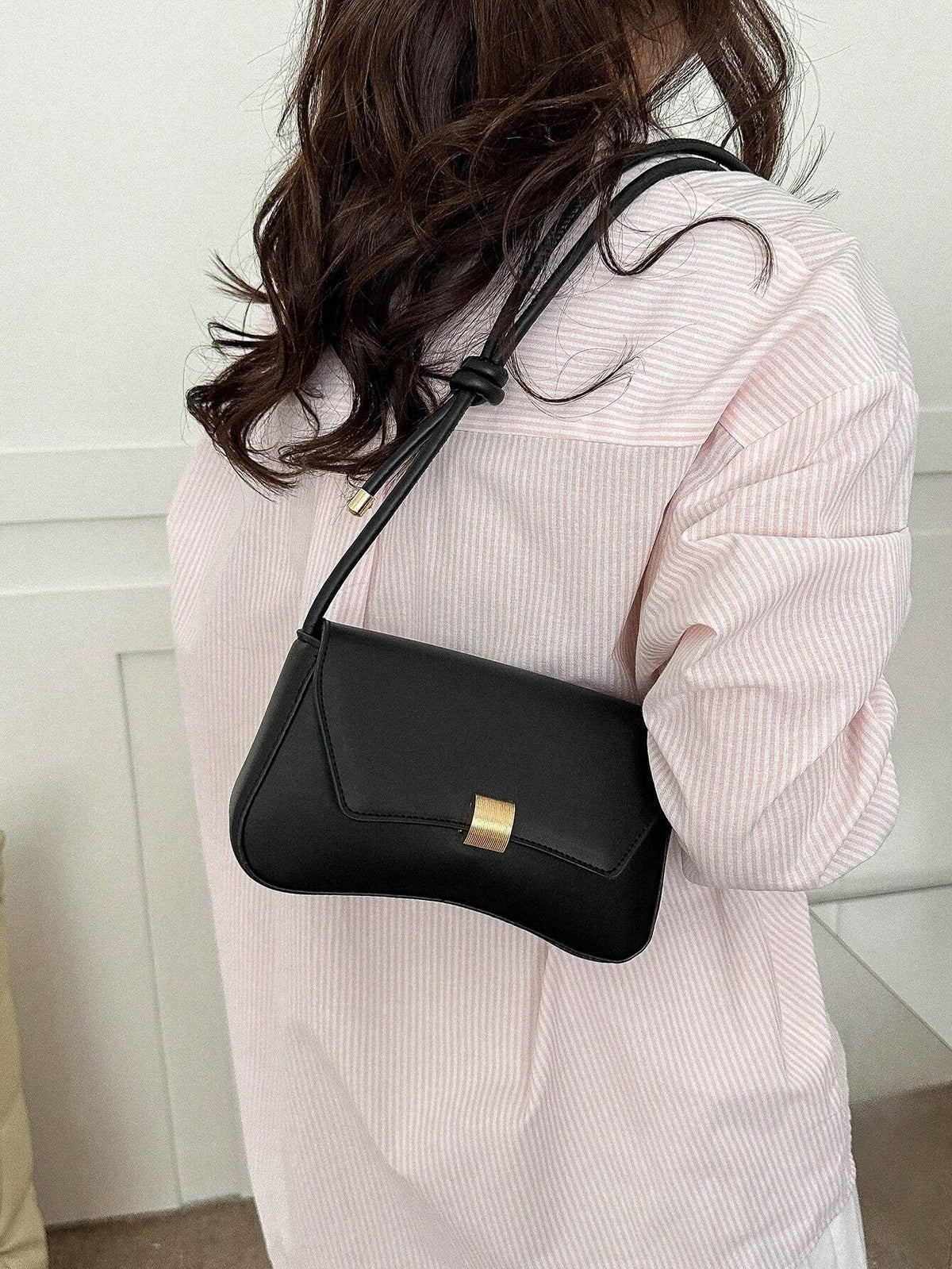 Retro Lightweight, Business Casual Black Flap Bag Vintage Knot Detail PU for Teen Girls Women College Students