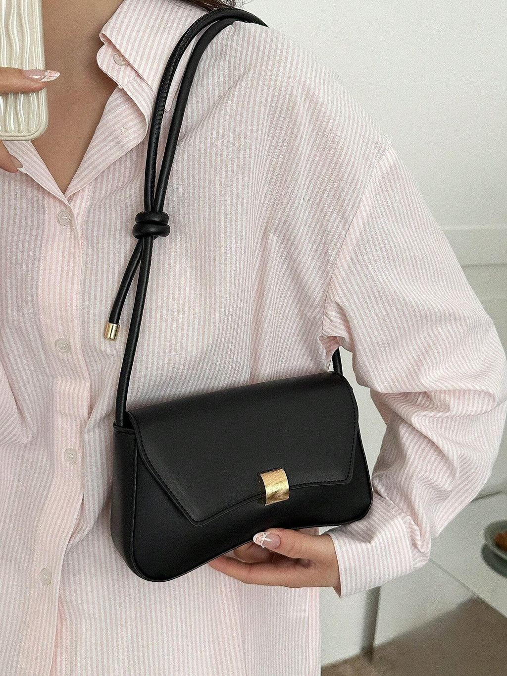 Retro Lightweight, Business Casual Black Flap Bag Vintage Knot Detail PU for Teen Girls Women College Students
