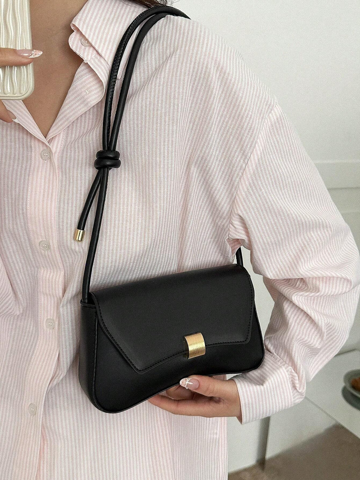 Retro Lightweight, Business Casual Black Flap Bag Vintage Knot Detail PU for Teen Girls Women College Students