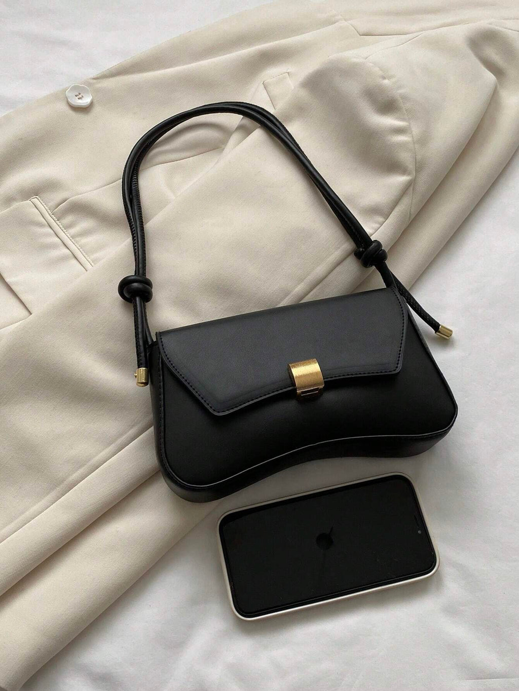 Retro Lightweight, Business Casual Black Flap Bag Vintage Knot Detail PU for Teen Girls Women College Students